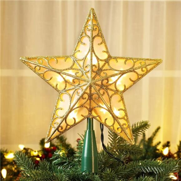 Gold Christmas Tree Topper Star Lights 9.5 Inch 3D Double Sided Xmas Decor - Picture 1 of 7